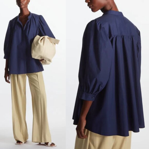 COS Gathered Puff Sleeve Blouse Button Front Billowy Cotton Navy Blue Sz 12 - Picture 1 of 9